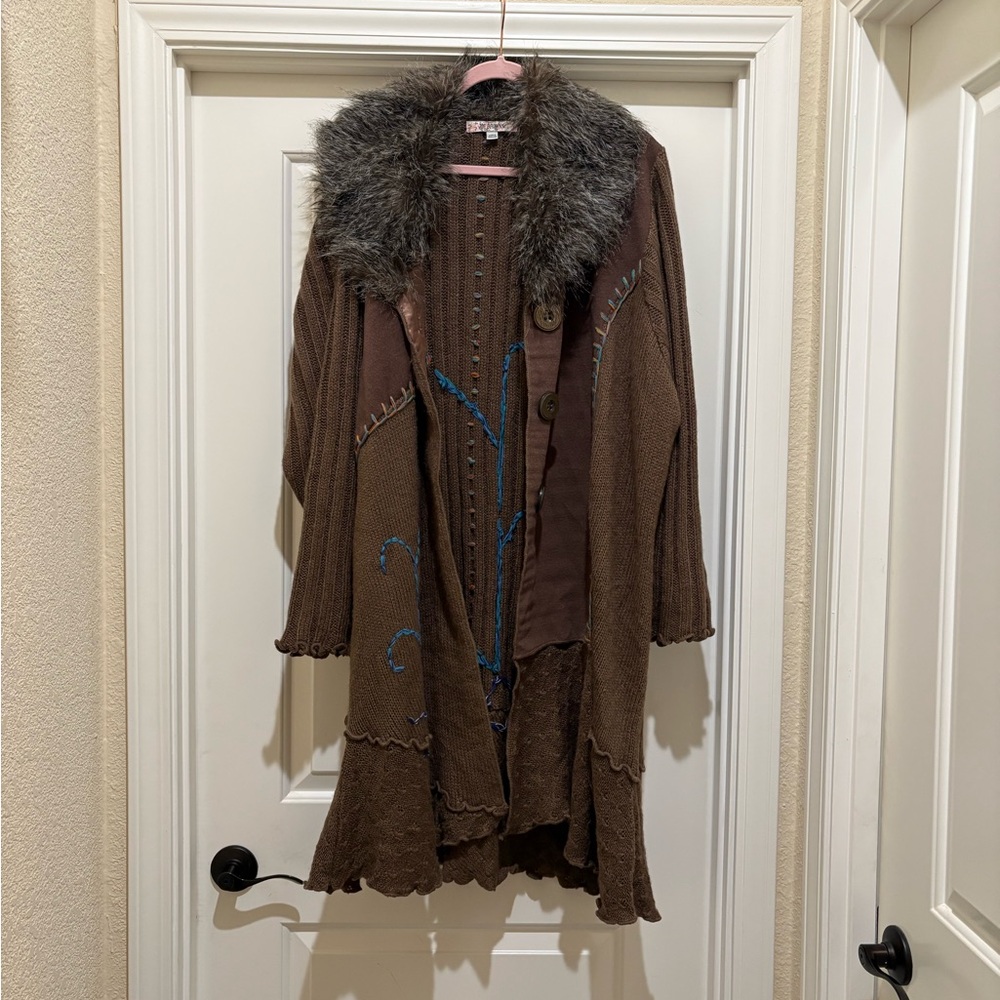 John Browns Fur Collar Knit Cardigan Brown